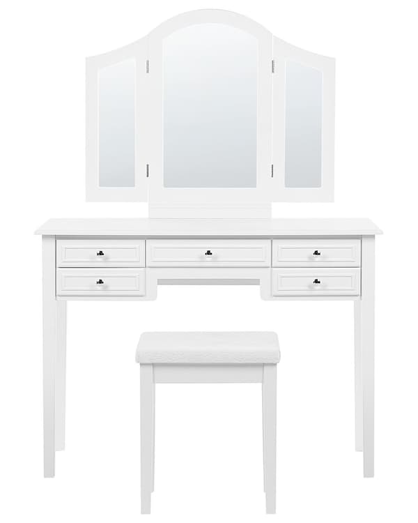 Sminkbord Vit MDF 95 x 45 x 144 cm 5 lådor Spegel Pall Vardagsrumsmöbler Retrodesign