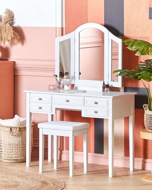 Sminkbord Vit MDF 95 x 45 x 144 cm 5 lådor Spegel Pall Vardagsrumsmöbler Retrodesign