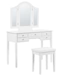 Miniatyrbild 1 av 11: Sminkbord Vit MDF 95 x 45 x 144 cm 5 lådor Spegel Pall Vardagsrumsmöbler Retrodesign