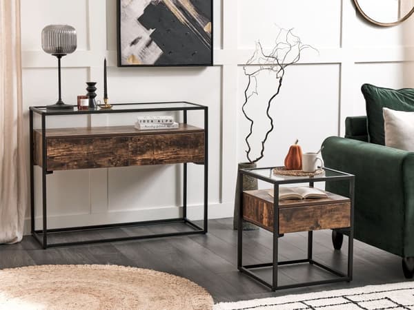 Sidebord i Mørkt Træ med sort Metalstel og Glasplade 54 x 43 x 43 cm Opbevaringsfunktion Rektangulært moderne design