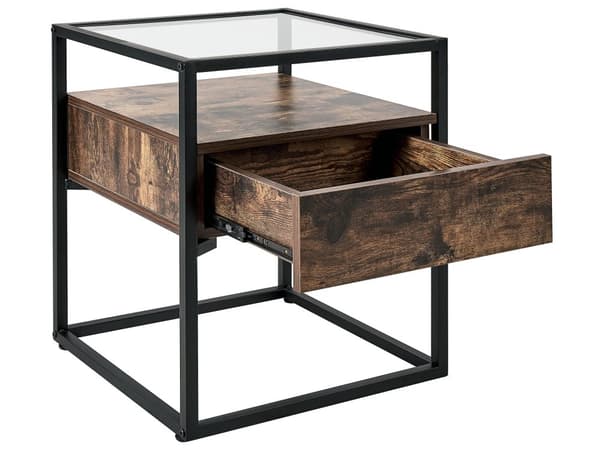 Sidebord i Mørkt Træ med sort Metalstel og Glasplade 54 x 43 x 43 cm Opbevaringsfunktion Rektangulært moderne design