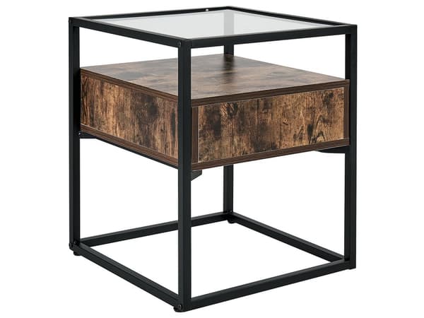 Sidebord i Mørkt Træ med sort Metalstel og Glasplade 54 x 43 x 43 cm Opbevaringsfunktion Rektangulært moderne design