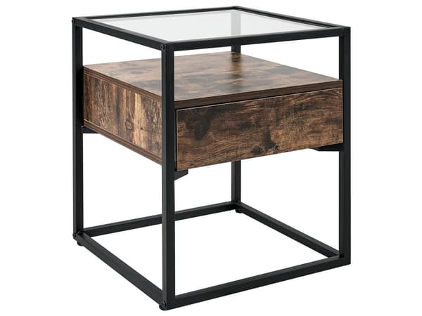 Sivupöytä tumma puu/musta 43 x 54 x 43 cm MDF metalli lasi laatikko teollinen