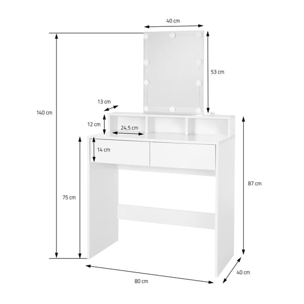 Pukeutumispöytä LED-valaistuksella 80x40x140 cm Valkoinen lastulevy ML-Design