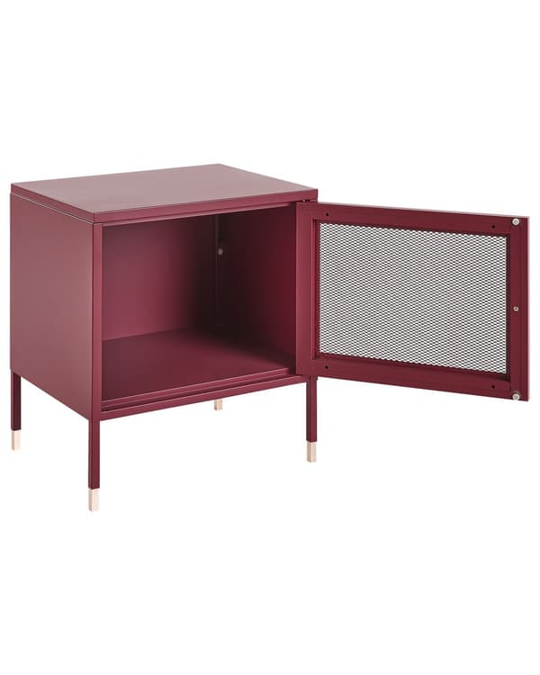 Sengebord Mørkerød Stål 51 x 45 x 35 cm Net Dør Firkantet Natbord Industrielt Metalskab Retro Design Soveværelse Opbevaringsmøbel Indretning