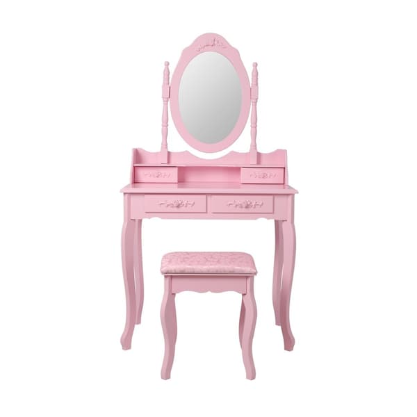 ML Design dressing bord rosa, toalettbord med spegel, pall och 4 lådor, 75x140x40 cm, land hus stil, kosmetik bord för kvinnor och tjejer