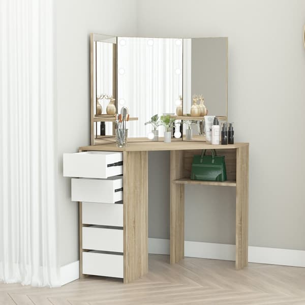 ML Design Corner Refinish Taulukko Valkoinen Sonoma, kampauspöytä LED-valaistus 3 peili 5 laatikkoa 3 Säilytystilat, 110x141.5x54cm