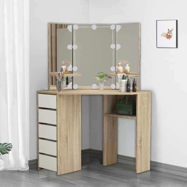 ML Design Corner Refinish Taulukko Valkoinen Sonoma, kampauspöytä LED-valaistus 3 peili 5 laatikkoa 3 Säilytystilat, 110x141.5x54cm