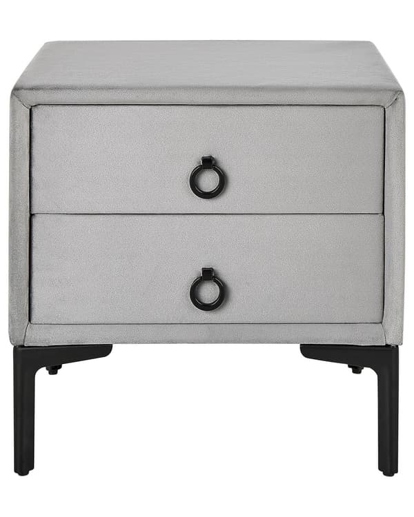 Nattbord Grå Fløyel 44 x 38 cm Svarte metallben 2 skuffer Glamorøs stil Sidebord Soverom