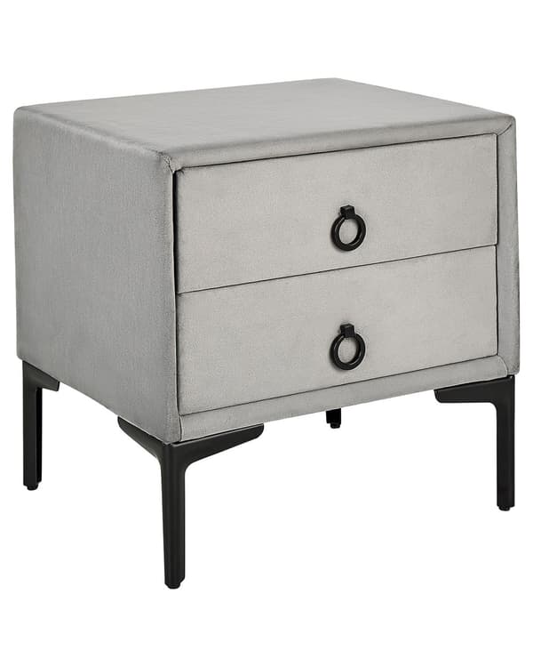 Nattbord Grå Fløyel 44 x 38 cm Svarte metallben 2 skuffer Glamorøs stil Sidebord Soverom