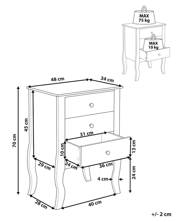 Nattbord Hvit MDF 3 Oppbevaringsskuffer Svingete Cabriole-ben Håndtak Metallknotter Skandinavisk Design