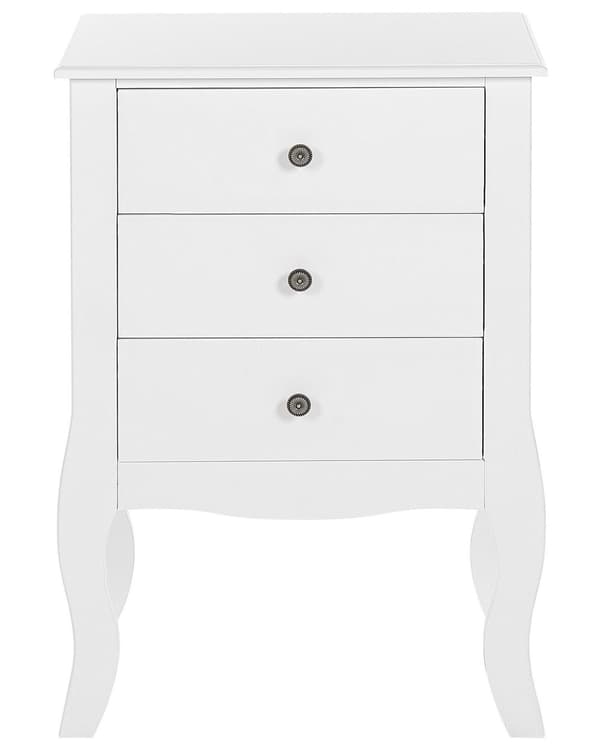 Nattbord Hvit MDF 3 Oppbevaringsskuffer Svingete Cabriole-ben Håndtak Metallknotter Skandinavisk Design