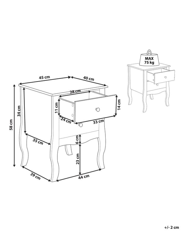 Nattbord Hvit MDF 2 Oppbevaringsskuffer Svingete Cabriole-ben Håndtak Metallknotter Skandinavisk Design