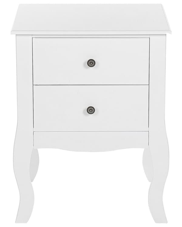 Nattbord Hvit MDF 2 Oppbevaringsskuffer Svingete Cabriole-ben Håndtak Metallknotter Skandinavisk Design