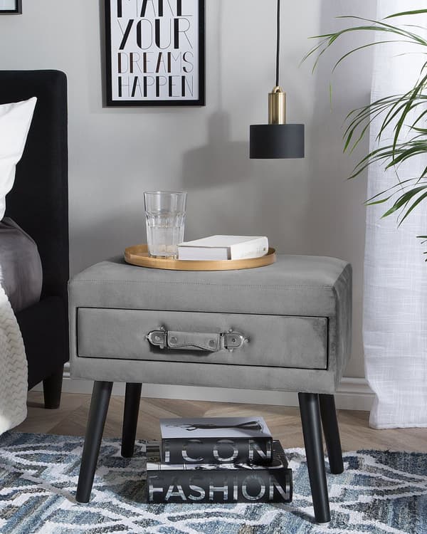Nattbord Grå Svart Kordfløyel 46 x 50 x 35 cm Sidebord med skuff Formet som en koffert Innredning Oppbevaring Soverom Moderne