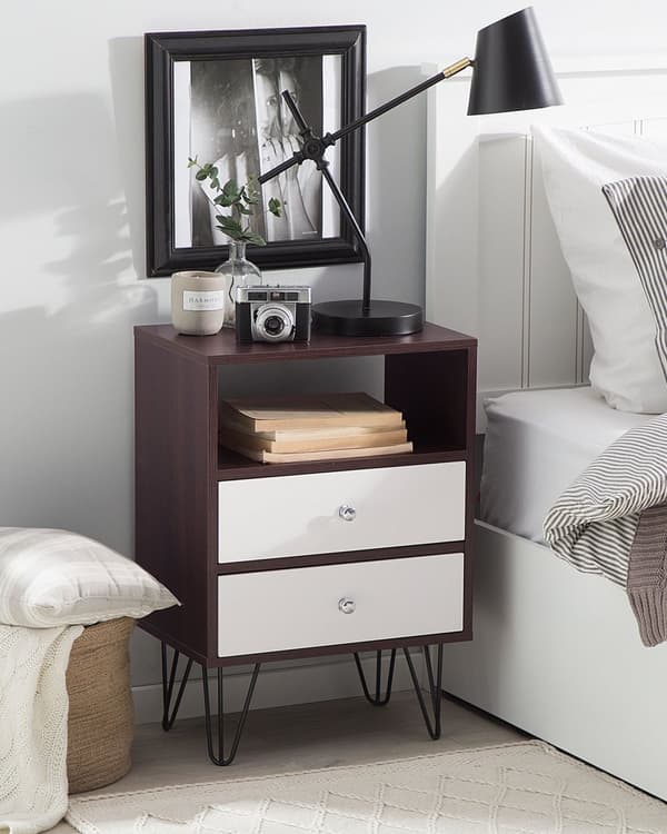 Nattbord Mørkt tre Hvit MDF Trefiberplate 2 skuffer 1 hylle Moderne design Småbord Soverom