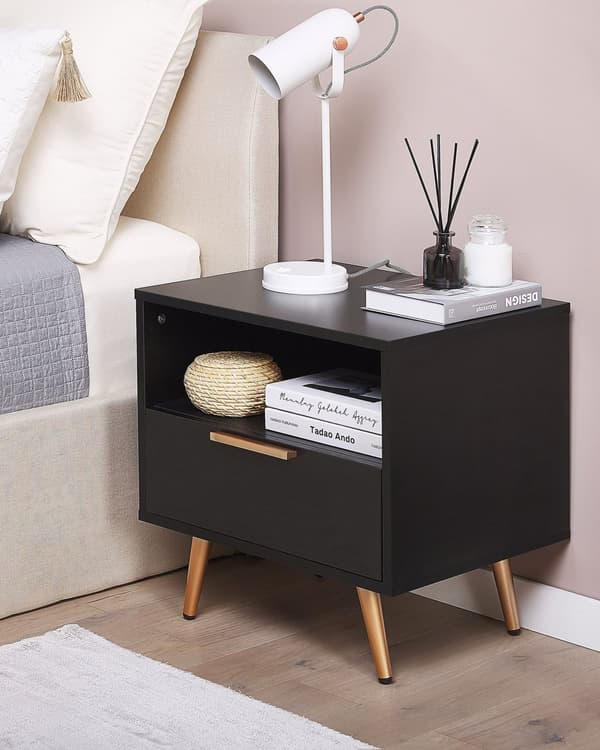 Nattbord Svart MDF Gullfargede metallben Matt finish 1 hylle 1 skuff Moderne design Oppbevaring Sidebord Soverom