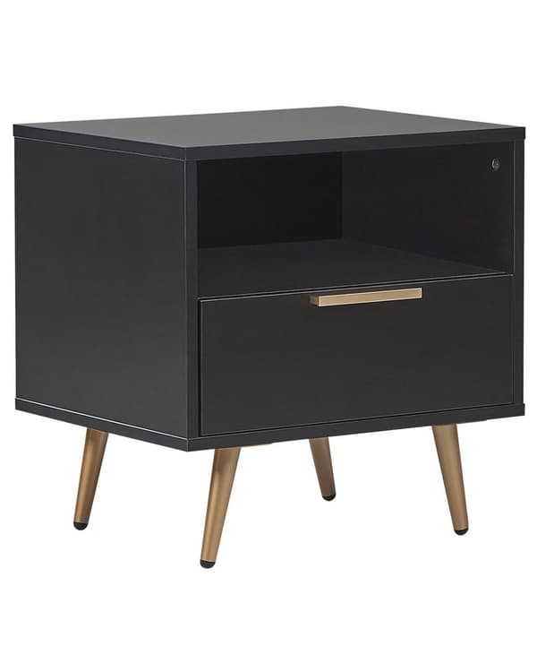 Nattbord Svart MDF Gullfargede metallben Matt finish 1 hylle 1 skuff Moderne design Oppbevaring Sidebord Soverom