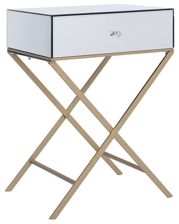 Sidebord med Sølv Speilplate Gull Metallben 50 x 40 cm Moderne Glam Style med 1 skuff
