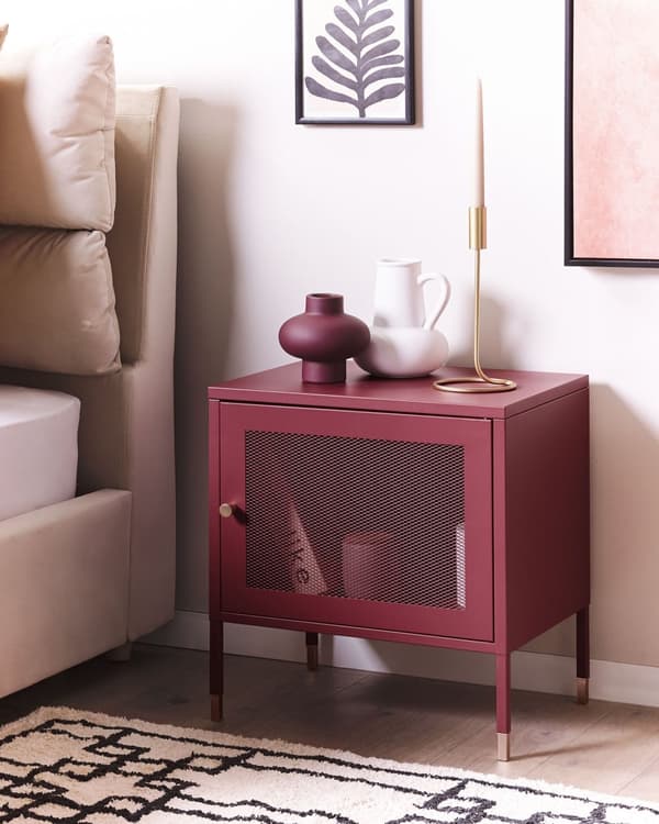 Nattbord Mørkerød Stål 51 x 45 x 35 cm Nettingdør Møbel med oppbevaring Soverom Industrielt Retro