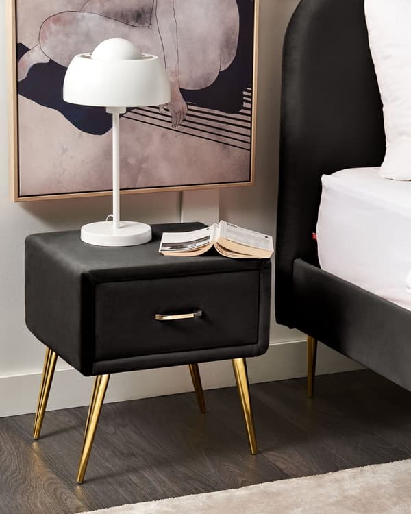 Yöpöytä musta 46 x 49 x 38 cm sametti puu rauta laatikko glamour moderni retro