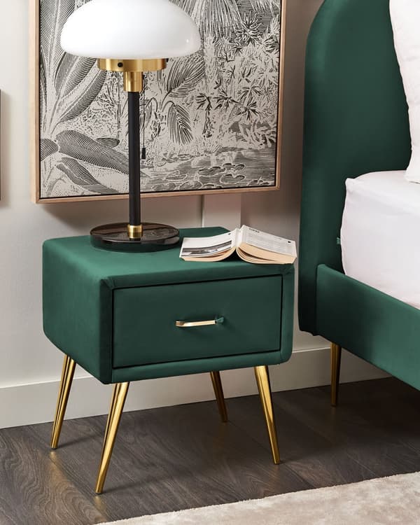 Sengebord Guld Grøn Velour Metalben 49 x 46 x 38 cm Design Natbord med Skuffe Minimalistisk Design Soveværelsesmøbler Tilbehør