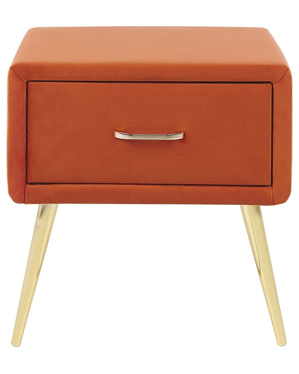 Sengebord Guld Orange Velour Metalben 49 x 46 x 38 cm Design Natbord med Skuffe Minimalistisk Design Soveværelsesmøbler Tilbehør