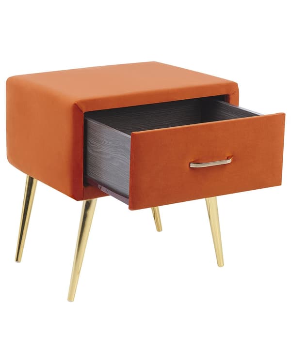 Sengebord Guld Orange Velour Metalben 49 x 46 x 38 cm Design Natbord med Skuffe Minimalistisk Design Soveværelsesmøbler Tilbehør