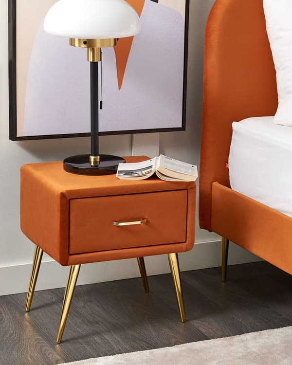 Sengebord Guld Orange Velour Metalben 49 x 46 x 38 cm Design Natbord med Skuffe Minimalistisk Design Soveværelsesmøbler Tilbehør