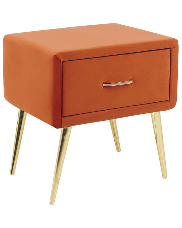 Sengebord Guld Orange Velour Metalben 49 x 46 x 38 cm Design Natbord med Skuffe Minimalistisk Design Soveværelsesmøbler Tilbehør
