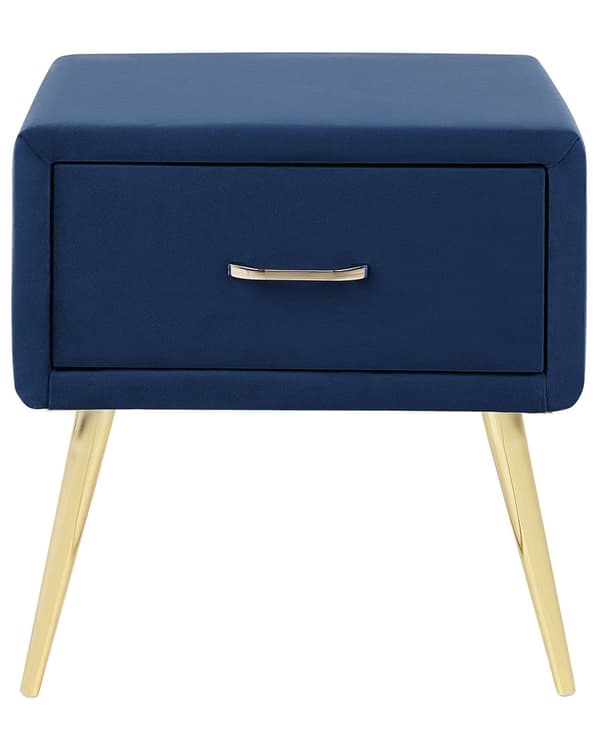 Sengebord Guld Blå Velour Metalben 49 x 46 x 38 cm Design Natbord med Skuffe Minimalistisk Design Soveværelsesmøbler Tilbehør