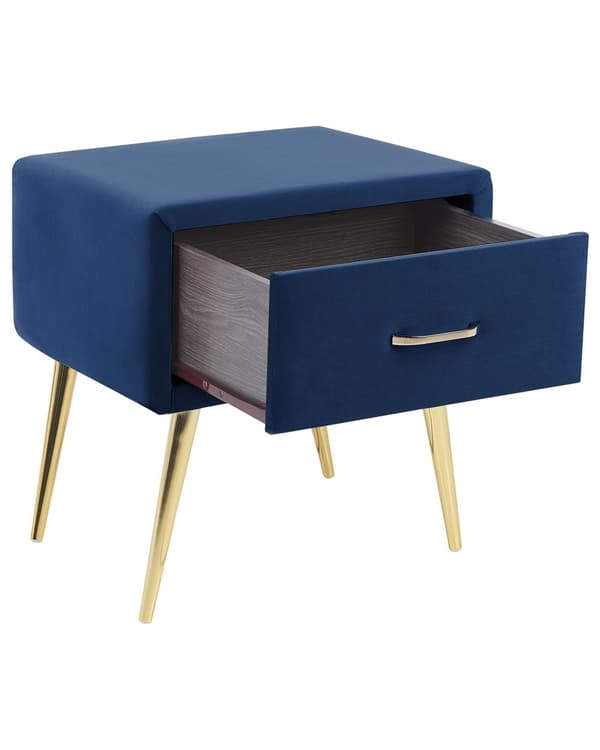 Sengebord Guld Blå Velour Metalben 49 x 46 x 38 cm Design Natbord med Skuffe Minimalistisk Design Soveværelsesmøbler Tilbehør