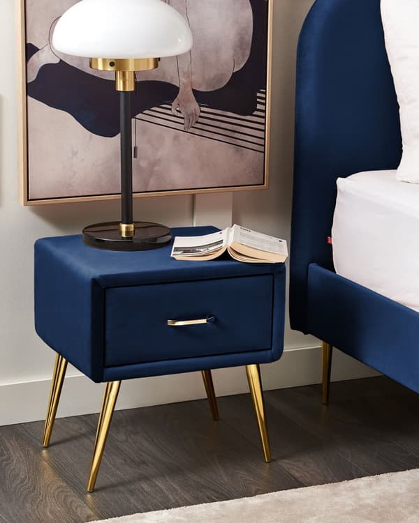 Sengebord Guld Blå Velour Metalben 49 x 46 x 38 cm Design Natbord med Skuffe Minimalistisk Design Soveværelsesmøbler Tilbehør