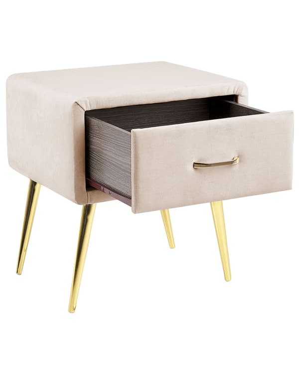 Nattbord Beige Fløyel Polstring 1 Skuff Minimalistisk Soveromsmøbler Soverom