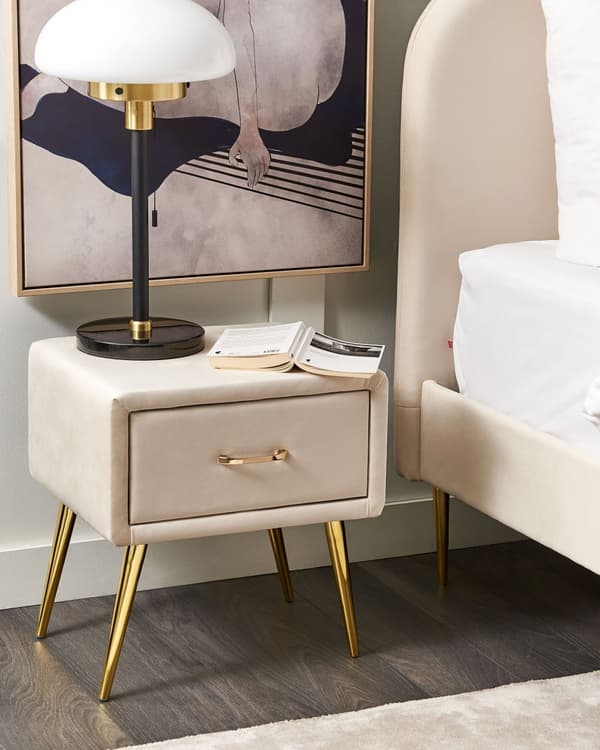 Nattbord Beige Fløyel Polstring 1 Skuff Minimalistisk Soveromsmøbler Soverom