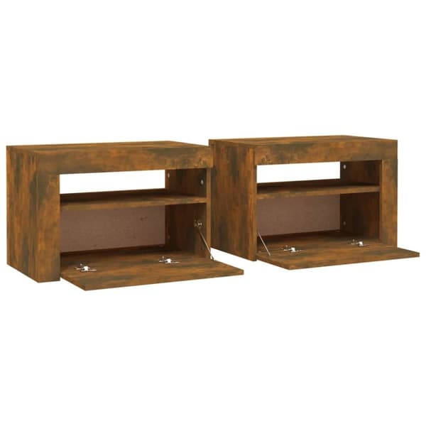 vidaXL sengeborde med LED-lys 2 stk. 60x35x40 cm røget eg