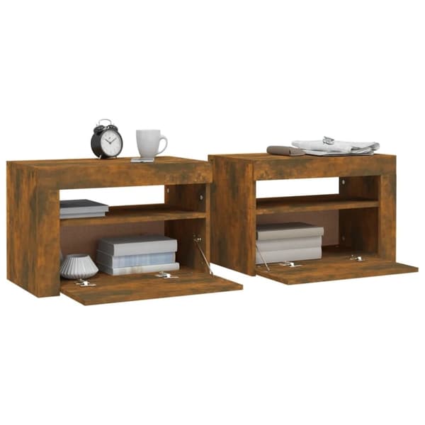 vidaXL sengeborde med LED-lys 2 stk. 60x35x40 cm røget eg