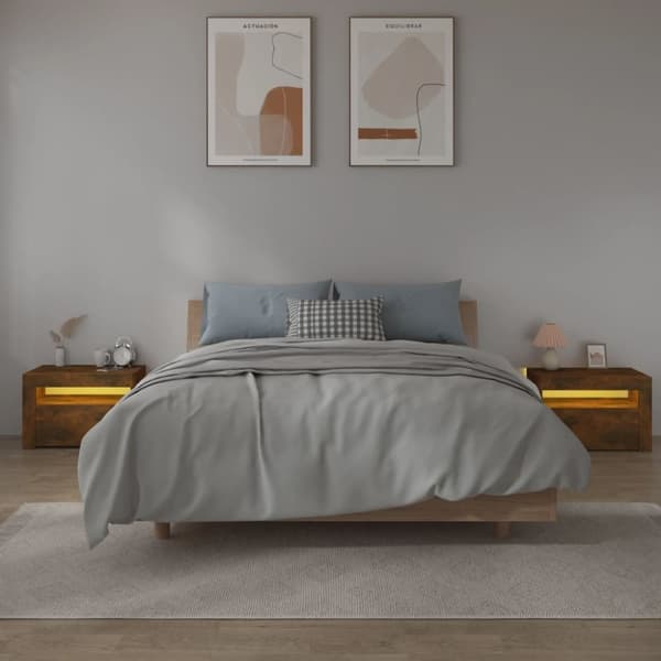 vidaXL sengeborde med LED-lys 2 stk. 60x35x40 cm røget eg