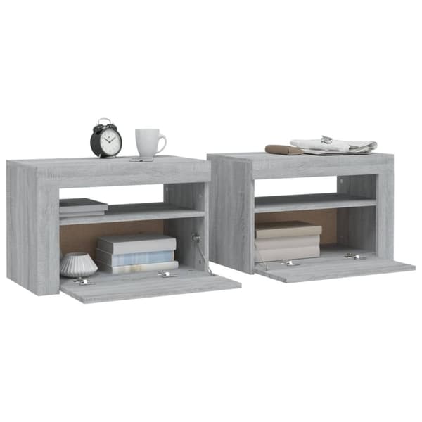 vidaXL Yöpöydät 2 kpl LED-valoilla harmaa Sonoma 60x35x40 cm