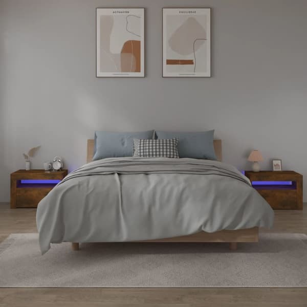 vidaXL Sängbord 2 st med LED-belysning rökfärgad ek 60x35x40 cm