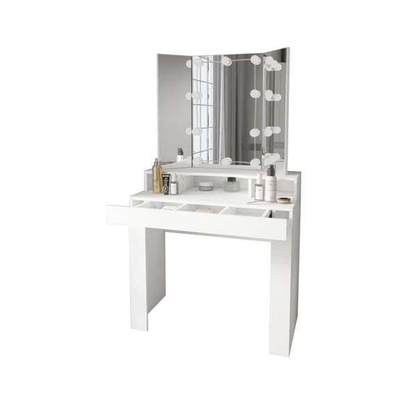 ML Design Dressing Table White Dressing Table med LED-belysning, spegel 3-pcs Fällbara, lådor 3 fack, 89.5x155x43.5cm, kosmetiska bord