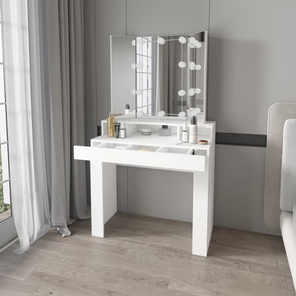 ML Design Dressing Table White Dressing Table med LED-belysning, spegel 3-pcs Fällbara, lådor 3 fack, 89.5x155x43.5cm, kosmetiska bord