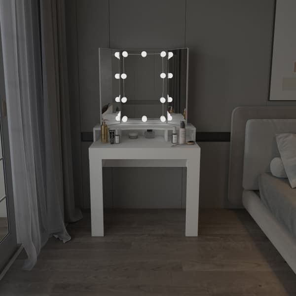 ML Design Dressing Table White Dressing Table med LED-belysning, spegel 3-pcs Fällbara, lådor 3 fack, 89.5x155x43.5cm, kosmetiska bord
