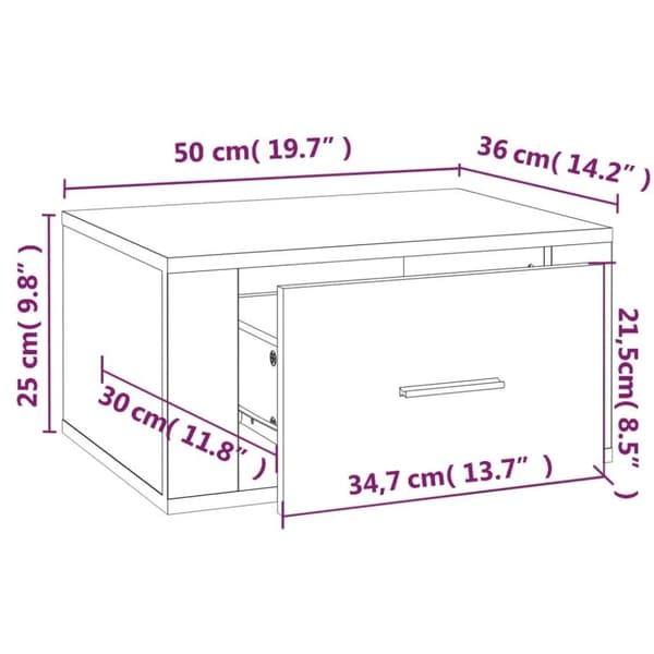 vidaXL Seinäkiinnitettävät yöpöydät 2 kpl savutammi 50x36x25 cm