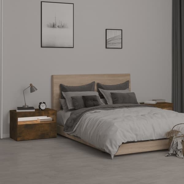 vidaXL sengeborde 2 stk. med LED-lys 60x35x40 cm røget egetræsfarve