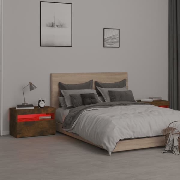 vidaXL sengeborde 2 stk. med LED-lys 60x35x40 cm røget egetræsfarve