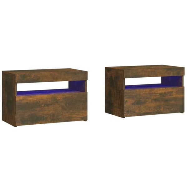 vidaXL sengeborde 2 stk. med LED-lys 60x35x40 cm røget egetræsfarve