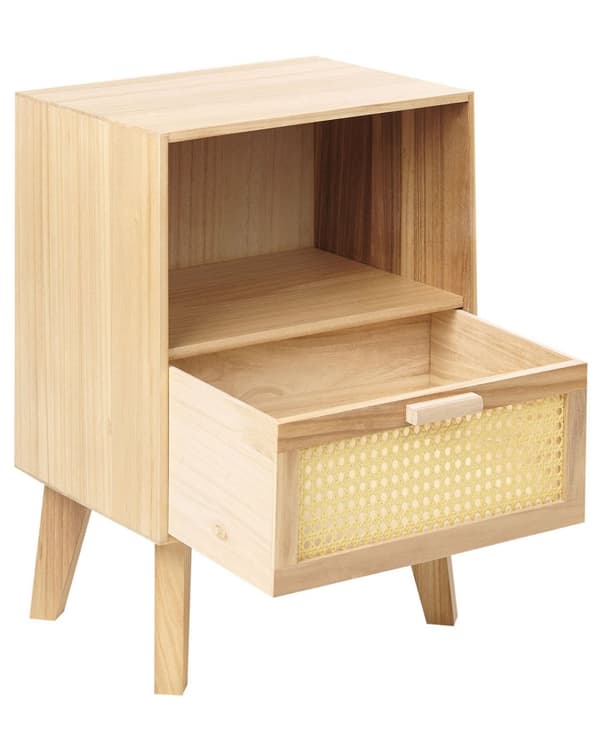 1 Skuffe Natbord Lys Træ Paulownia med Rattan Front Skuffe Boho Style Kørebord
