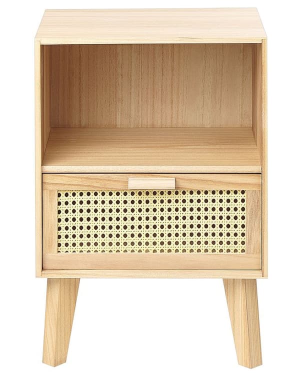 1 Skuffe Natbord Lys Træ Paulownia med Rattan Front Skuffe Boho Style Kørebord