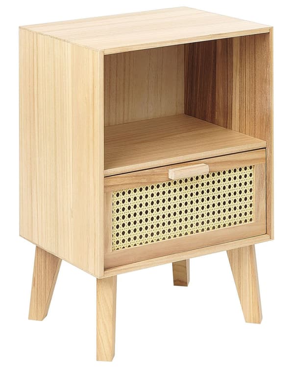 1 Skuffe Natbord Lys Træ Paulownia med Rattan Front Skuffe Boho Style Kørebord